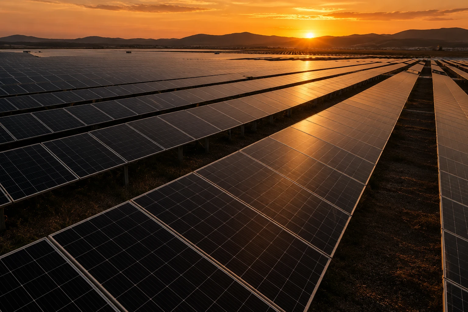 Golden sunlight over photovoltaic panels